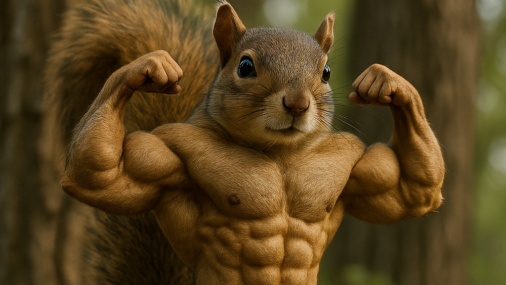 Squirrel with a muscular build and shorts standing on a branch with 'Branch Daddy' text.